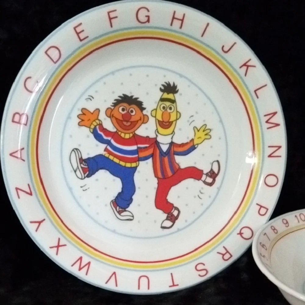 Sesame Street Childs Plate Bowl Porcelain Bert Ernie 2 pc set Vintage